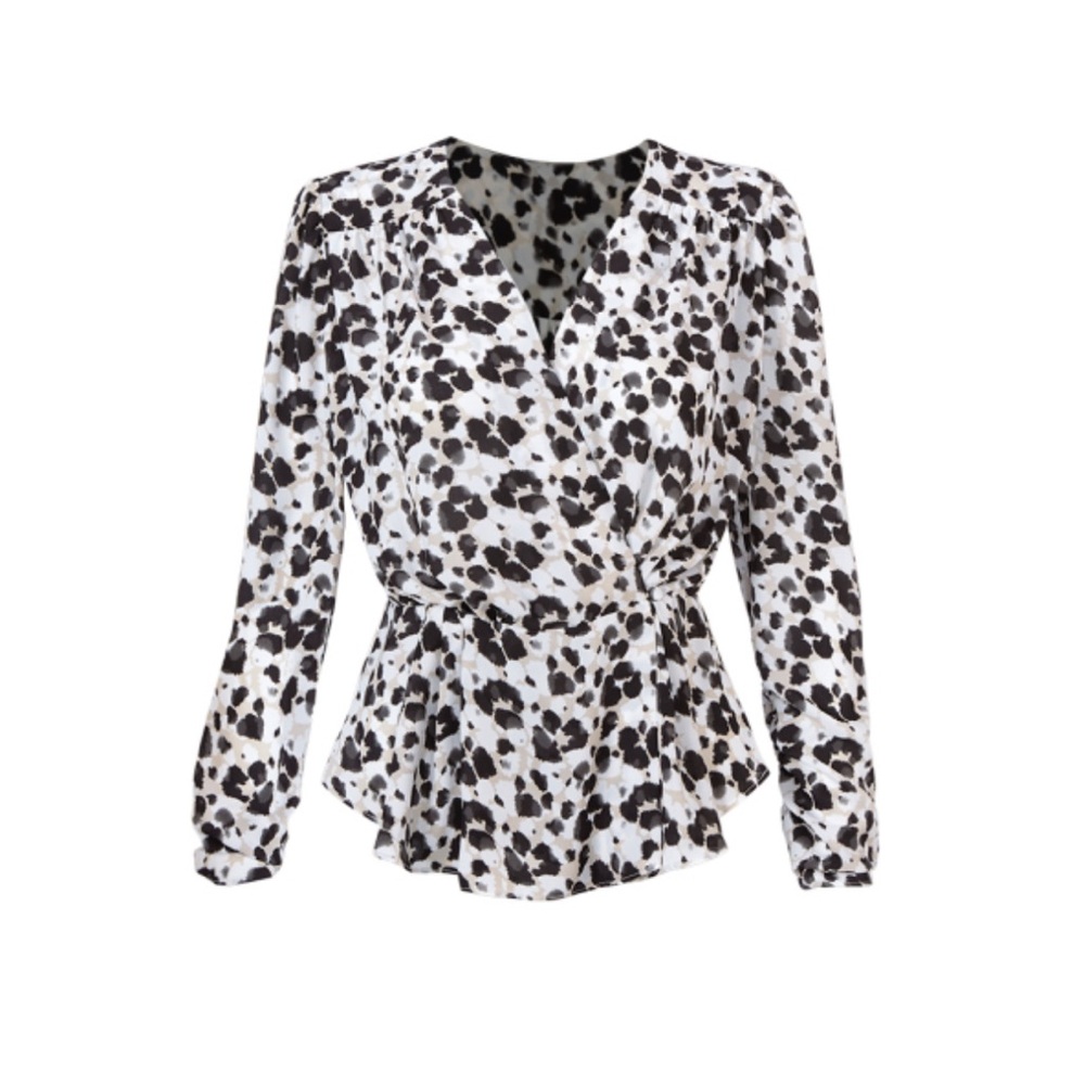 CAbi Black and White Animal Print Wrap Blouse (Rosette Blouse)